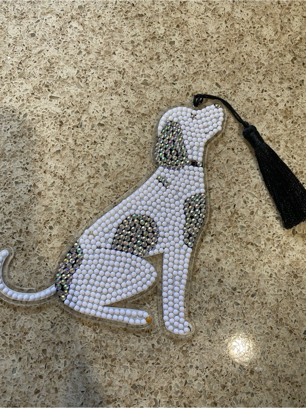 White and Iridescent Dog-Shaped Pet BOOKMARK with Black Tassel